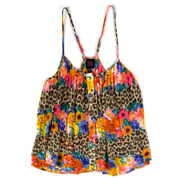Bebe 2B Floral Animal Print Button-Up Pleated Tank Top - Picture 2 of 7